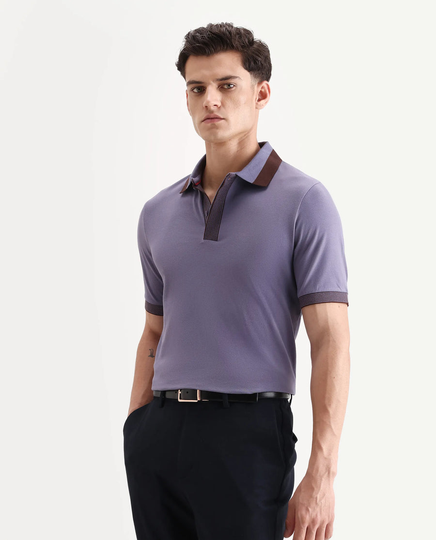 Rare Rabbit Men's Dane Dark Purple Cotton Blend Plain Regular Fit Half Sleeve Polo
