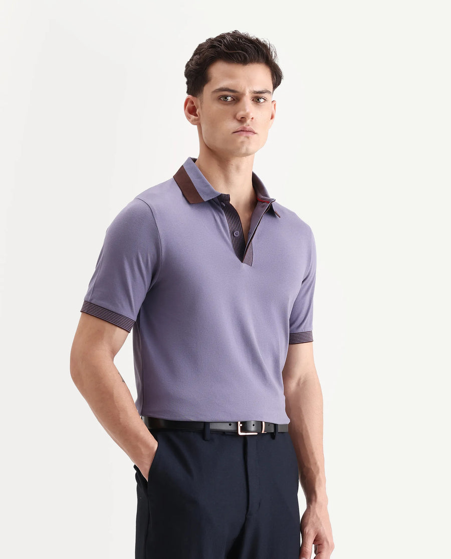 Rare Rabbit Men's Dane Dark Purple Cotton Blend Plain Regular Fit Half Sleeve Polo