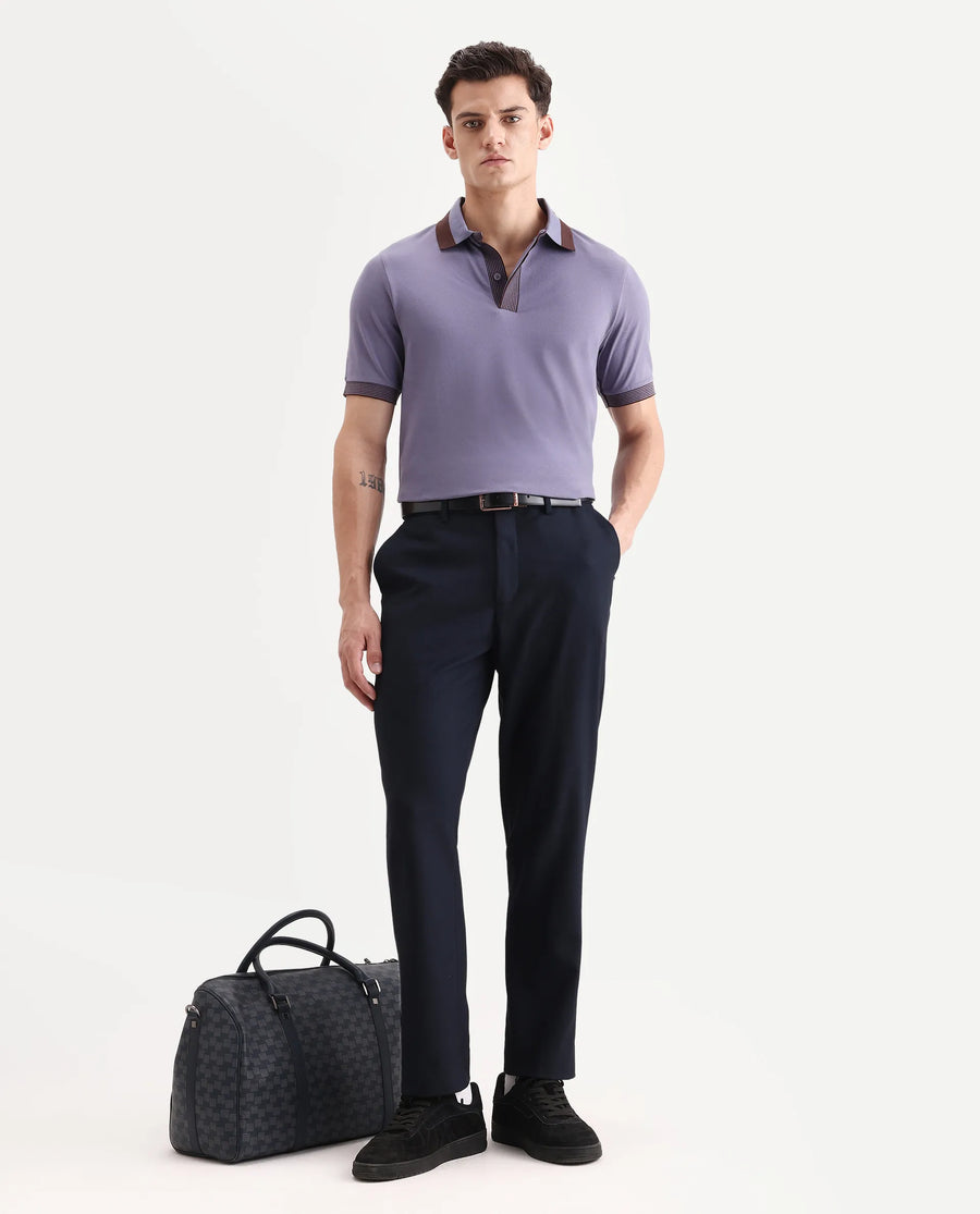 Rare Rabbit Men's Dane Dark Purple Cotton Blend Plain Regular Fit Half Sleeve Polo