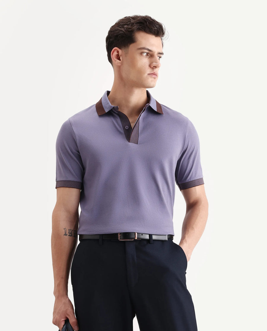 Rare Rabbit Men's Dane Dark Purple Cotton Blend Plain Regular Fit Half Sleeve Polo