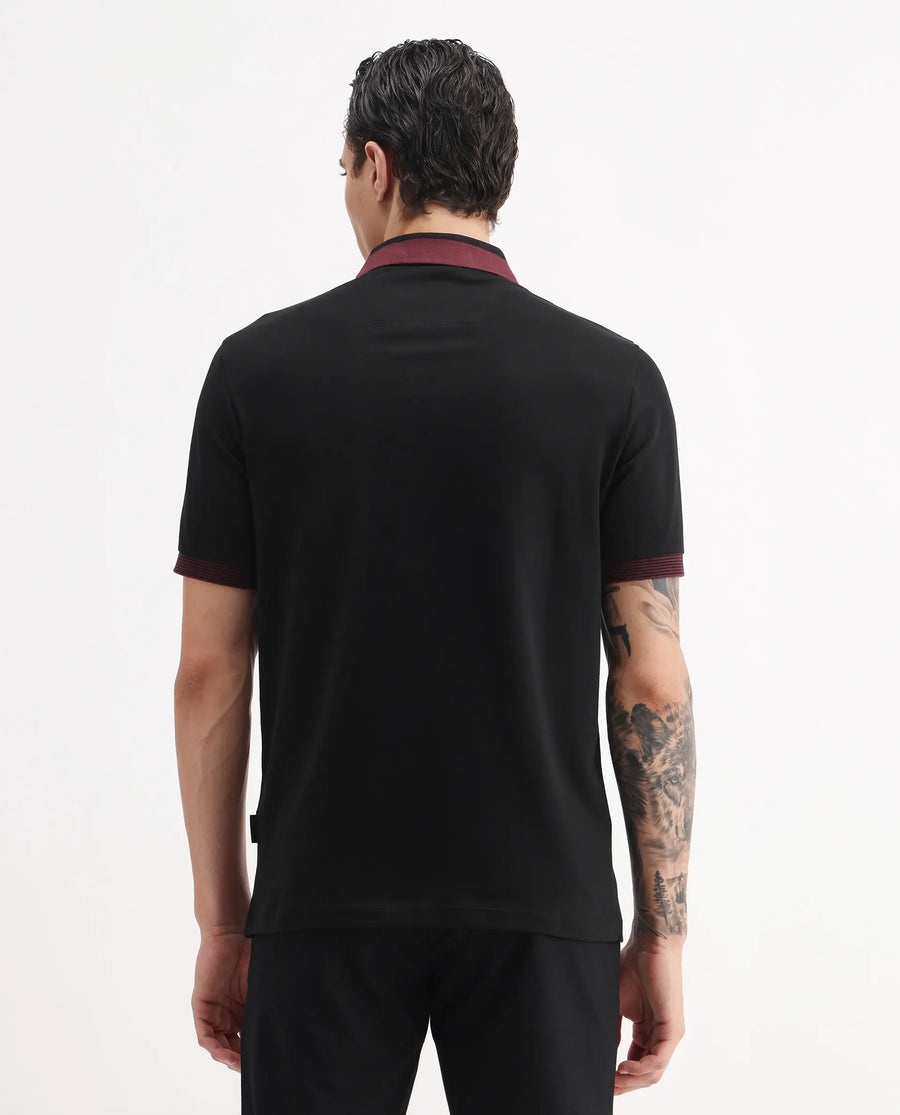 Rare Rabbit Men's Dane Black Cotton Blend Plain Regular Fit Half Sleeve Polo