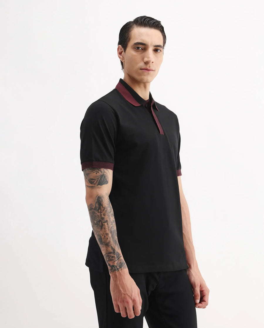Rare Rabbit Men's Dane Black Cotton Blend Plain Regular Fit Half Sleeve Polo