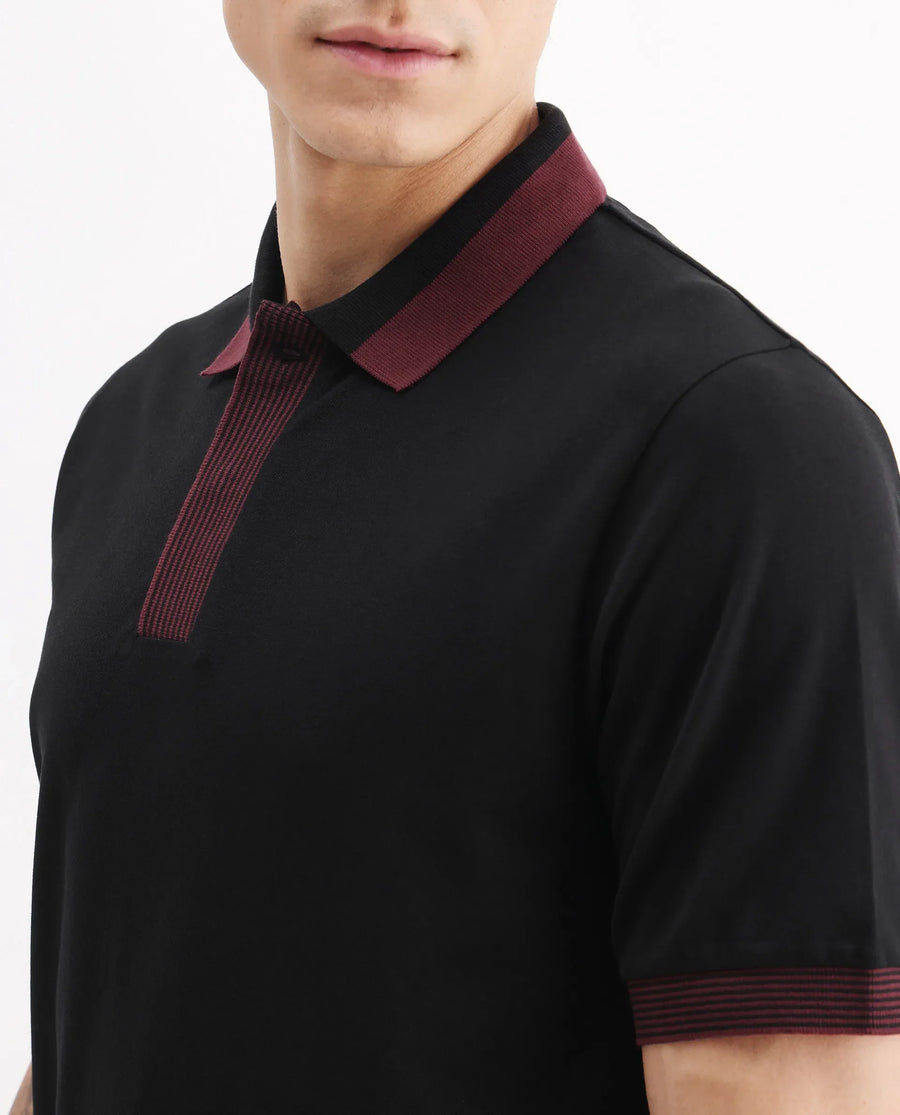 Rare Rabbit Men's Dane Black Cotton Blend Plain Regular Fit Half Sleeve Polo