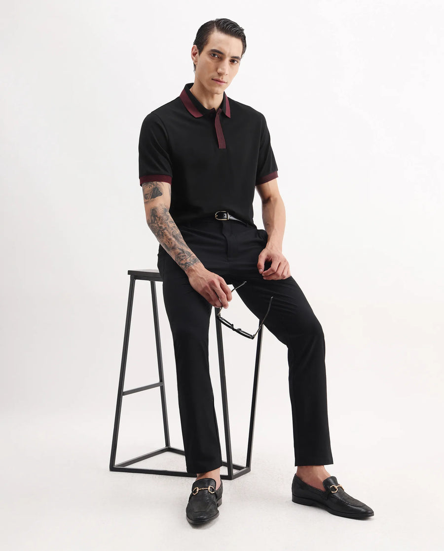 Rare Rabbit Men's Dane Black Cotton Blend Plain Regular Fit Half Sleeve Polo
