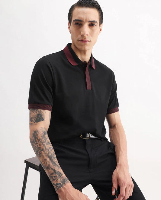 Rare Rabbit Men's Dane Black Cotton Blend Plain Regular Fit Half Sleeve Polo