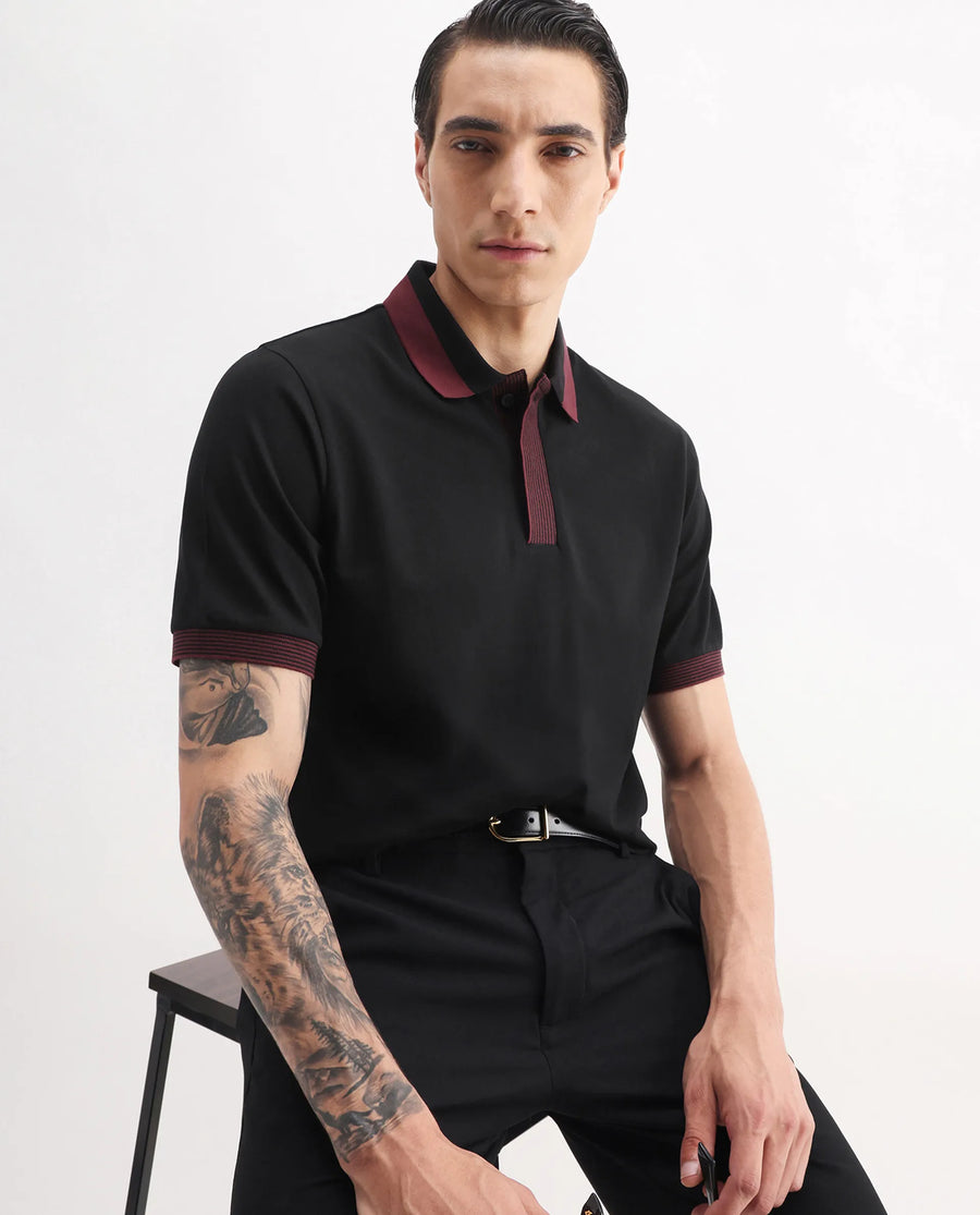 Rare Rabbit Men's Dane Black Cotton Blend Plain Regular Fit Half Sleeve Polo