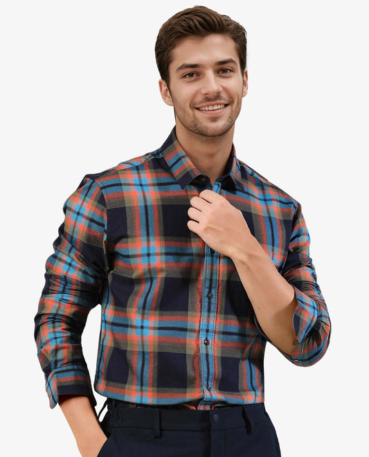 Rare Rabbit Men's Daneil Navy Cotton Checked Print Regular Fit Full Sleeve Collared Shirt