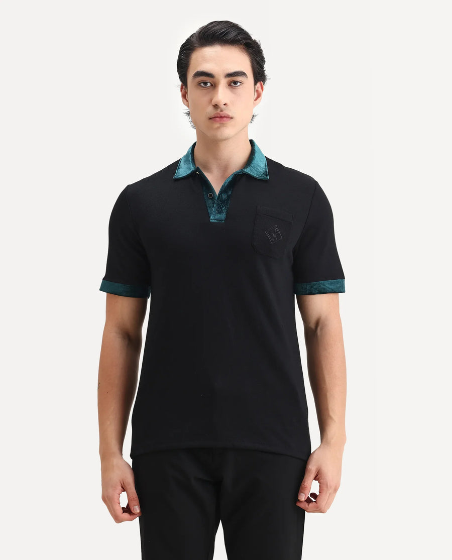 Rare Rabbit Men's Danil-1 Black Cotton Embroidered Regular Fit Half Sleeve Polo