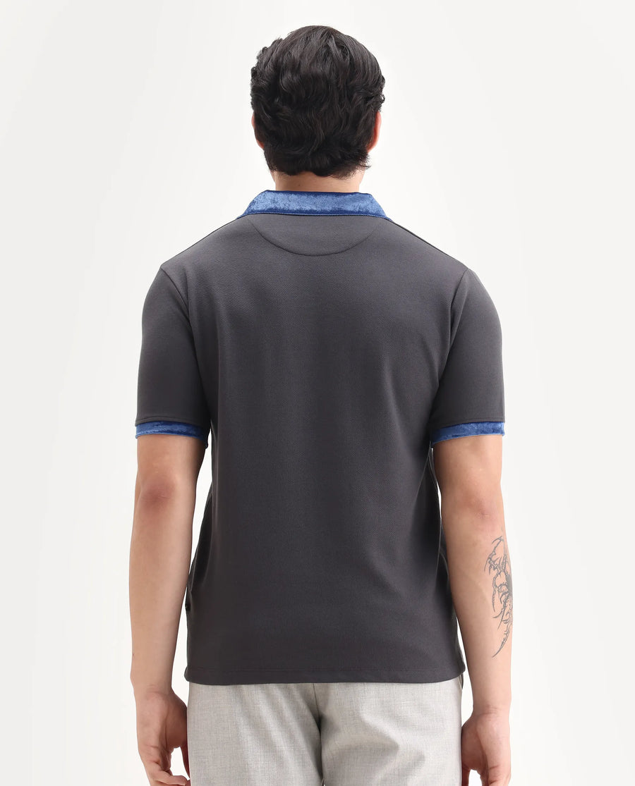 Rare Rabbit Men's Danil-1 Dark Grey Cotton Embroidered Regular Fit Half Sleeve Polo