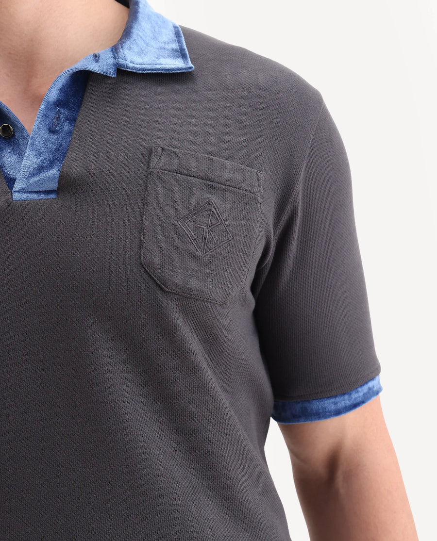 Rare Rabbit Men's Danil-1 Dark Grey Cotton Embroidered Regular Fit Half Sleeve Polo