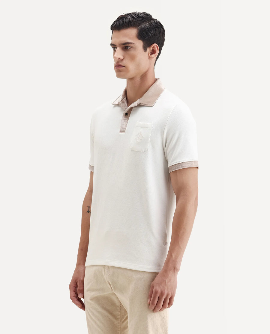 Rare Rabbit Men's Danil-1 Off White Cotton Embroidered Regular Fit Half Sleeve Polo