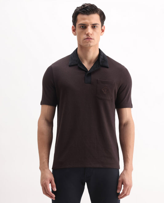 Rare Rabbit Men's Danio Dark Brown Cotton Blend Plain Regular Fit Half Sleeve Polo