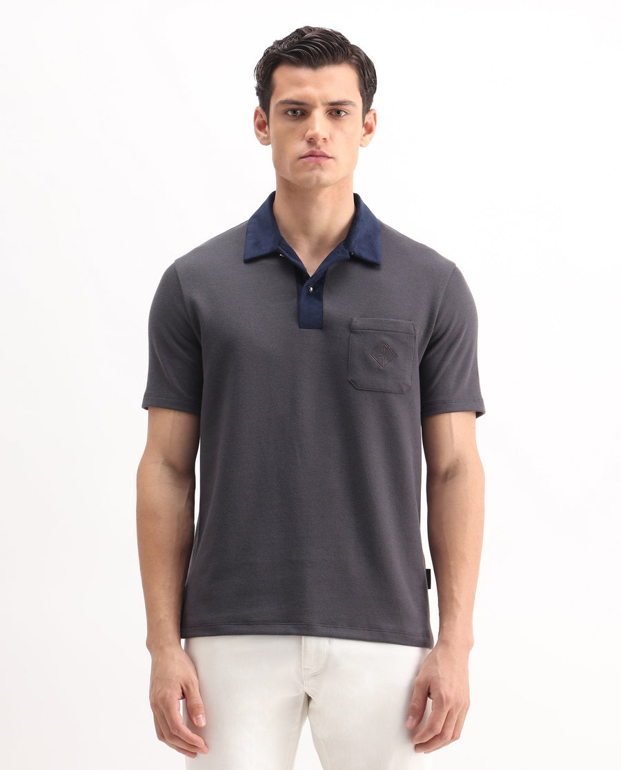 Rare Rabbit Men's Danio Dark Grey Cotton Blend Plain Regular Fit Half Sleeve Polo