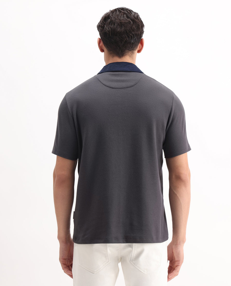 Rare Rabbit Men's Danio Dark Grey Cotton Blend Plain Regular Fit Half Sleeve Polo