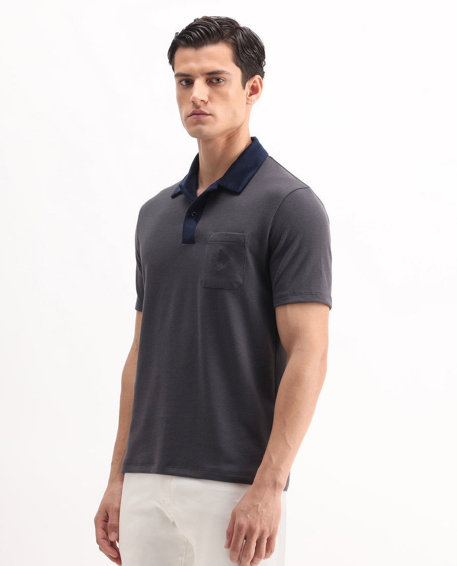 Rare Rabbit Men's Danio Dark Grey Cotton Blend Plain Regular Fit Half Sleeve Polo
