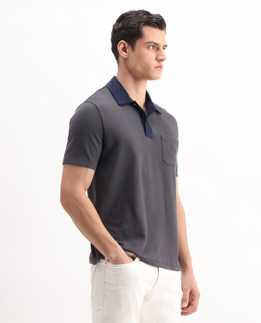 Rare Rabbit Men's Danio Dark Grey Cotton Blend Plain Regular Fit Half Sleeve Polo