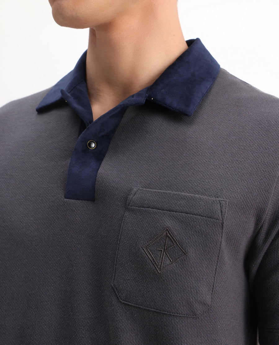 Rare Rabbit Men's Danio Dark Grey Cotton Blend Plain Regular Fit Half Sleeve Polo