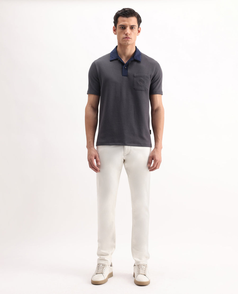 Rare Rabbit Men's Danio Dark Grey Cotton Blend Plain Regular Fit Half Sleeve Polo