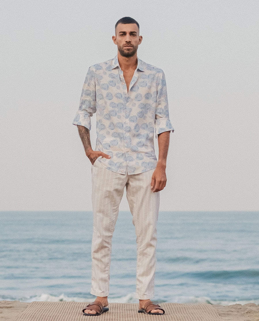 Rare Rabbit Men's Dano Beige Linen Blend Striped Print Regular Fit Trouser