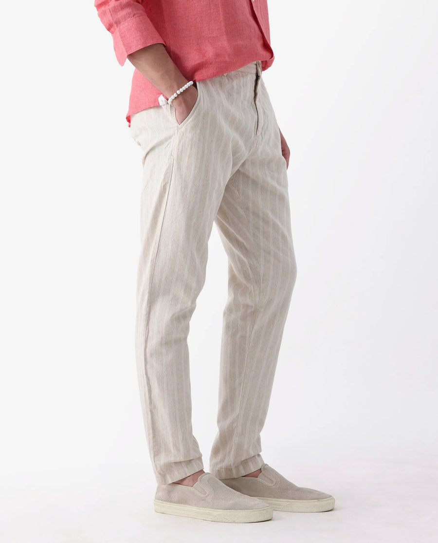 Rare Rabbit Men's Dano Beige Linen Blend Striped Print Regular Fit Trouser