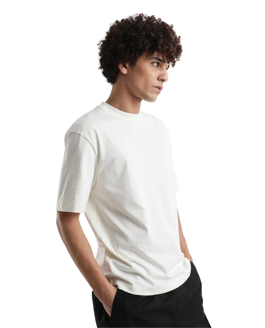 Rare Rabbit Men's Danq Off White Cotton Graphic Print Oversized Fit Half Sleeve Crew Neck T-Shirt