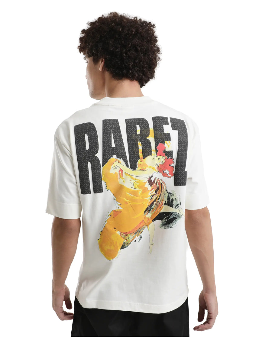 Rare Rabbit Men's Danq Off White Cotton Graphic Print Oversized Fit Half Sleeve Crew Neck T-Shirt