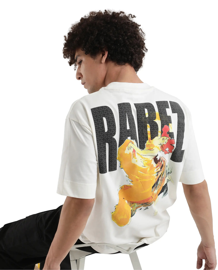 Rare Rabbit Men's Danq Off White Cotton Graphic Print Oversized Fit Half Sleeve Crew Neck T-Shirt