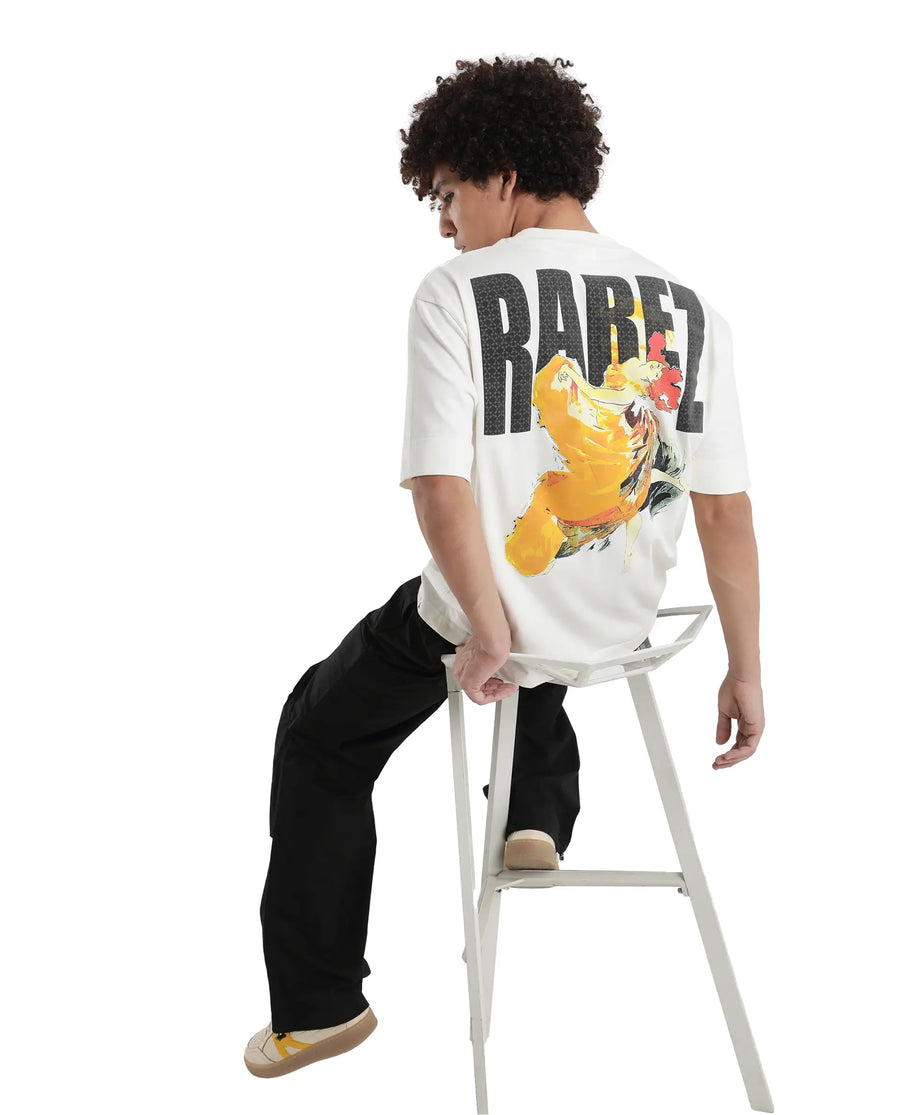 Rare Rabbit Men's Danq Off White Cotton Graphic Print Oversized Fit Half Sleeve Crew Neck T-Shirt