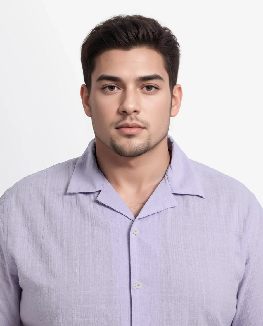 Rare Rabbit Men's Dara-L Pastel Purple Cotton Fabric Half Sleeve Cuban Collar Button Closure Boxy Fit Checked Shirt