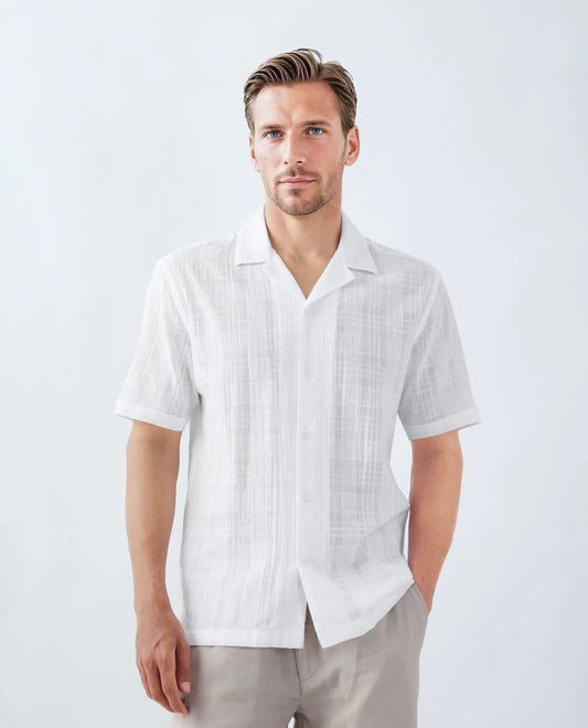 Rare Rabbit Men's Dara White Cotton Checked Print Boxy Fit Half Sleeve Cuban Collar Shirt