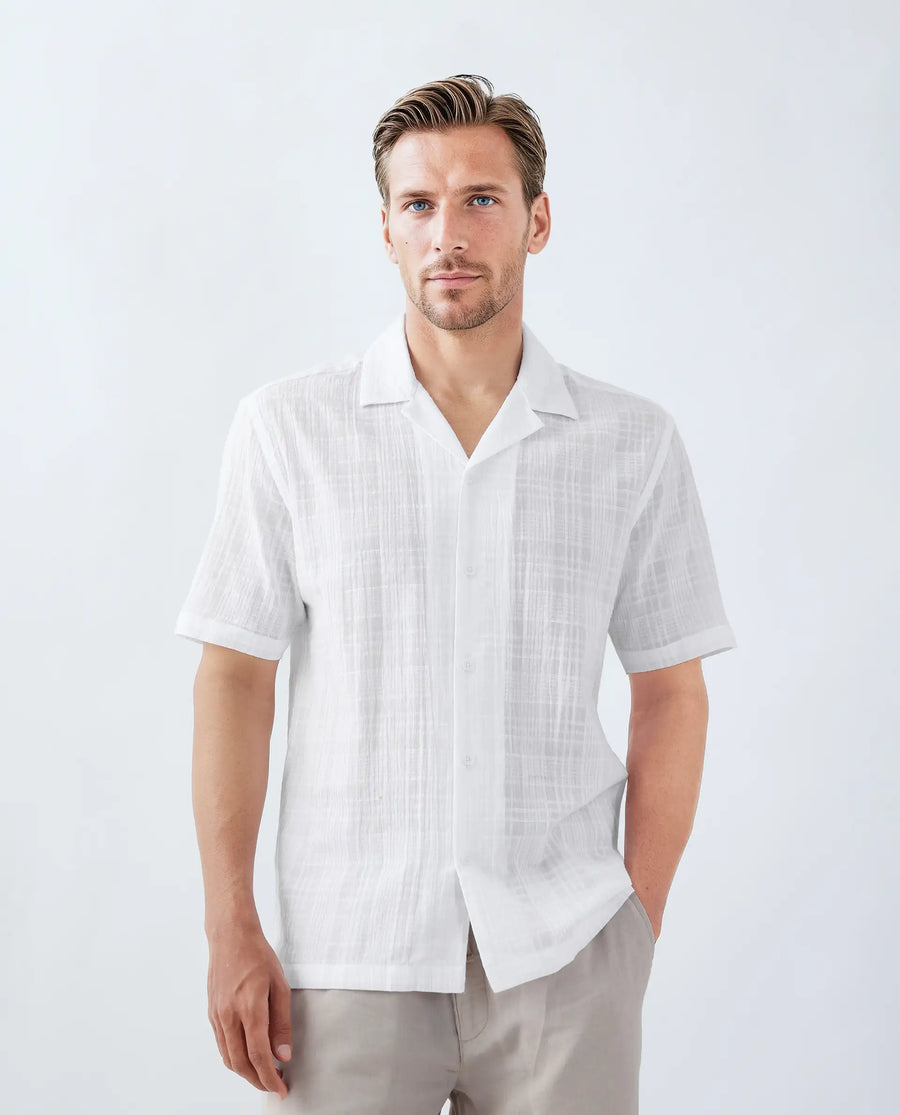 Rare Rabbit Men's Dara White Cotton Checked Print Boxy Fit Half Sleeve Cuban Collar Shirt
