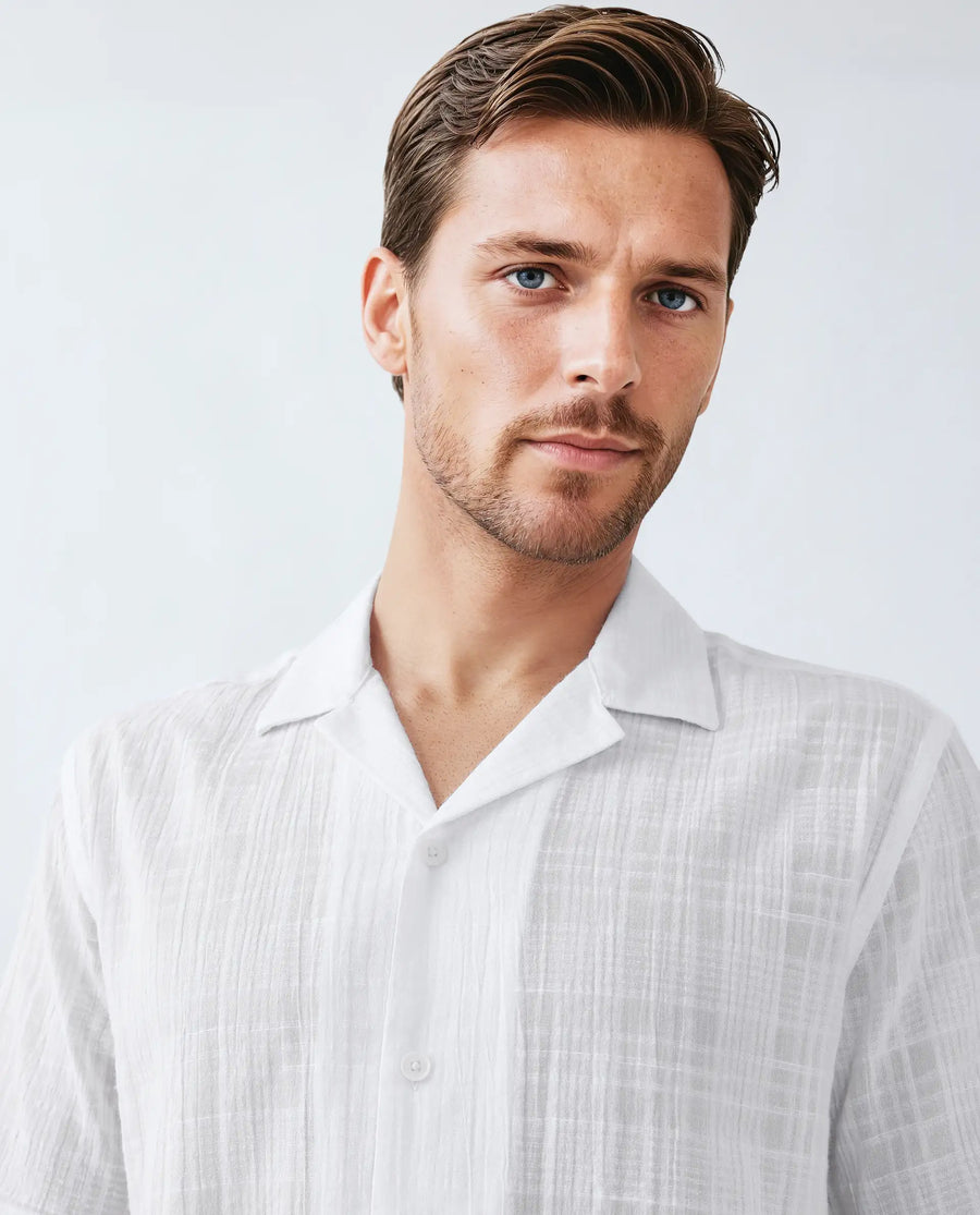 Rare Rabbit Men's Dara White Cotton Checked Print Boxy Fit Half Sleeve Cuban Collar Shirt