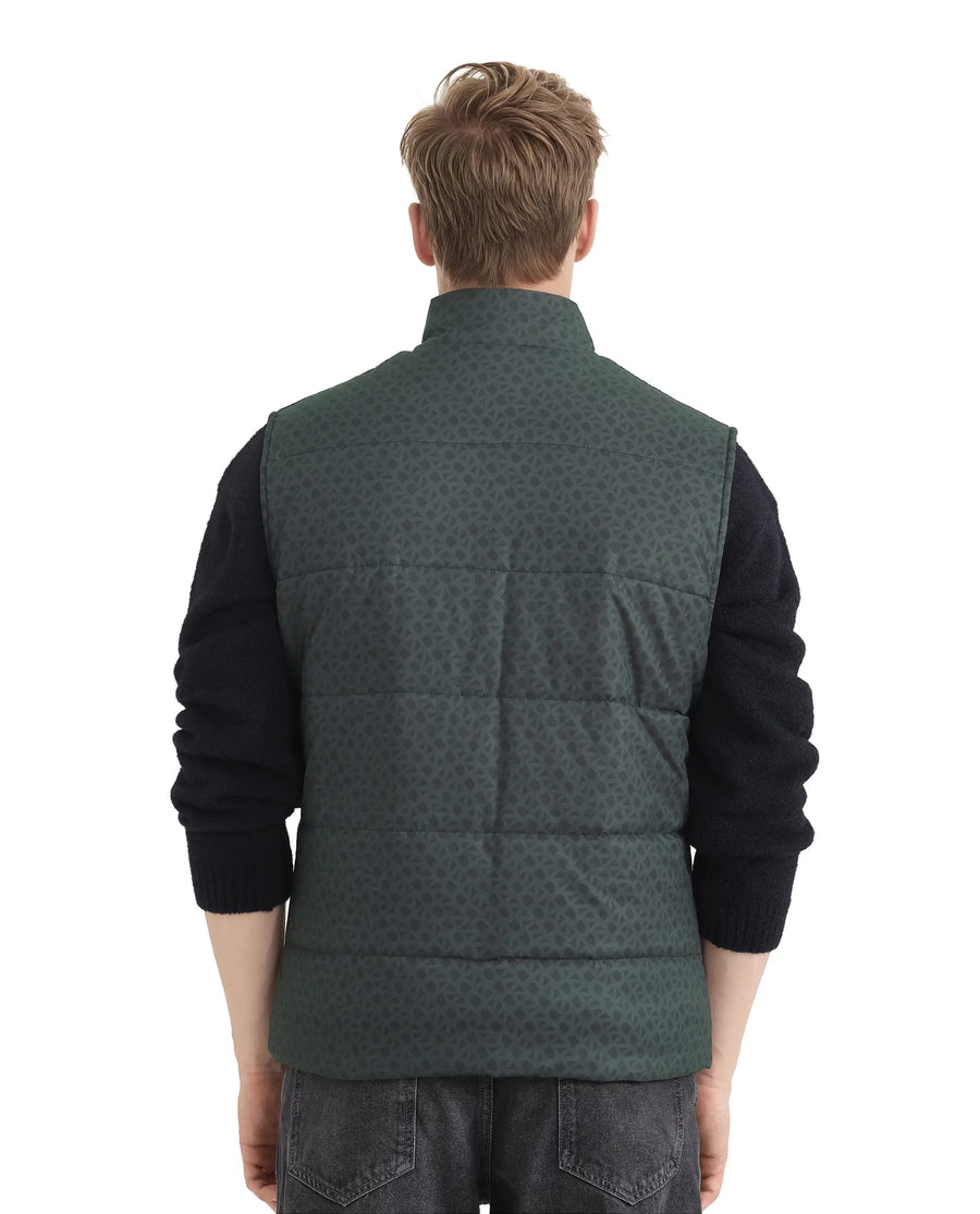 Rare Rabbit Men's Darif Petrol Polyester Monogram Print Regular Fit Sleeveless High Neck Jacket