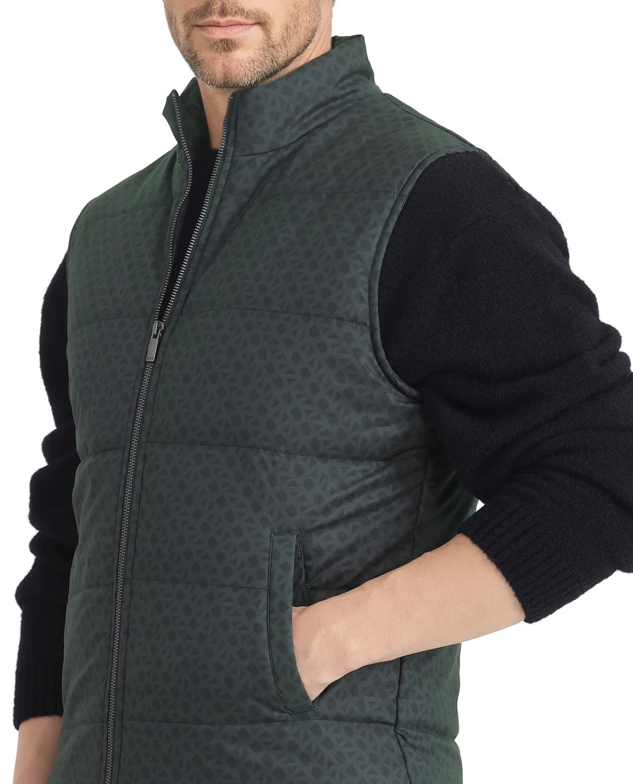 Rare Rabbit Men's Darif Petrol Polyester Monogram Print Regular Fit Sleeveless High Neck Jacket