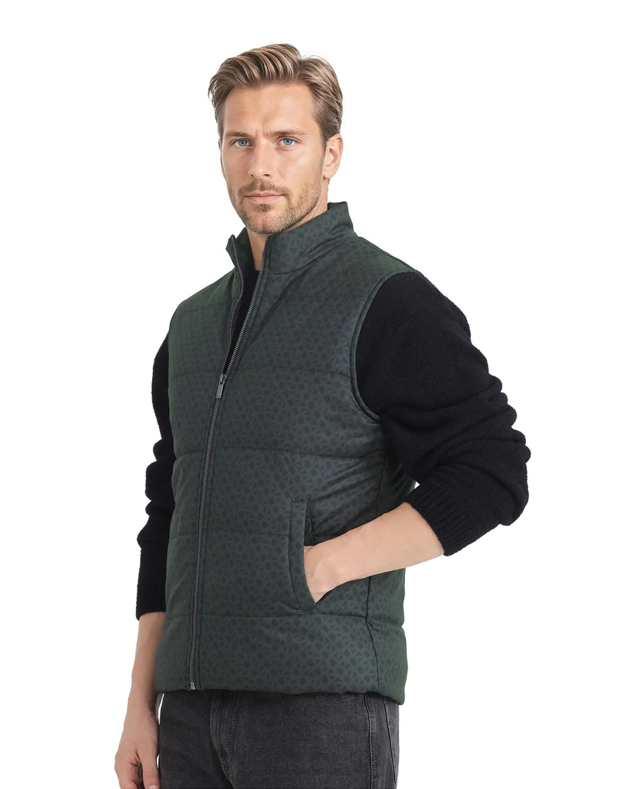 Rare Rabbit Men's Darif Petrol Polyester Monogram Print Regular Fit Sleeveless High Neck Jacket