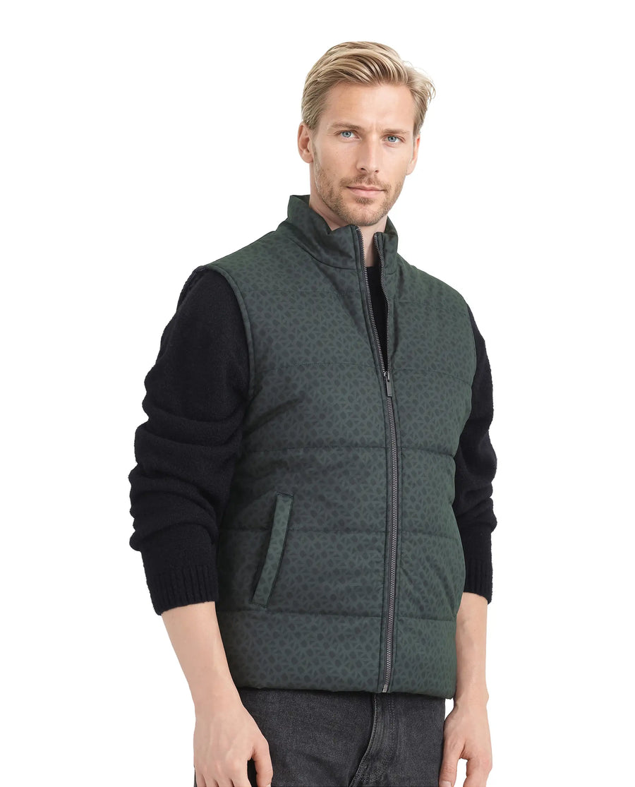 Rare Rabbit Men's Darif Petrol Polyester Monogram Print Regular Fit Sleeveless High Neck Jacket