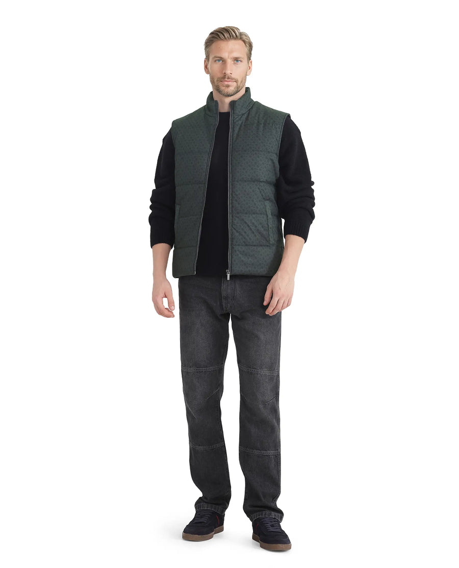 Rare Rabbit Men's Darif Petrol Polyester Monogram Print Regular Fit Sleeveless High Neck Jacket