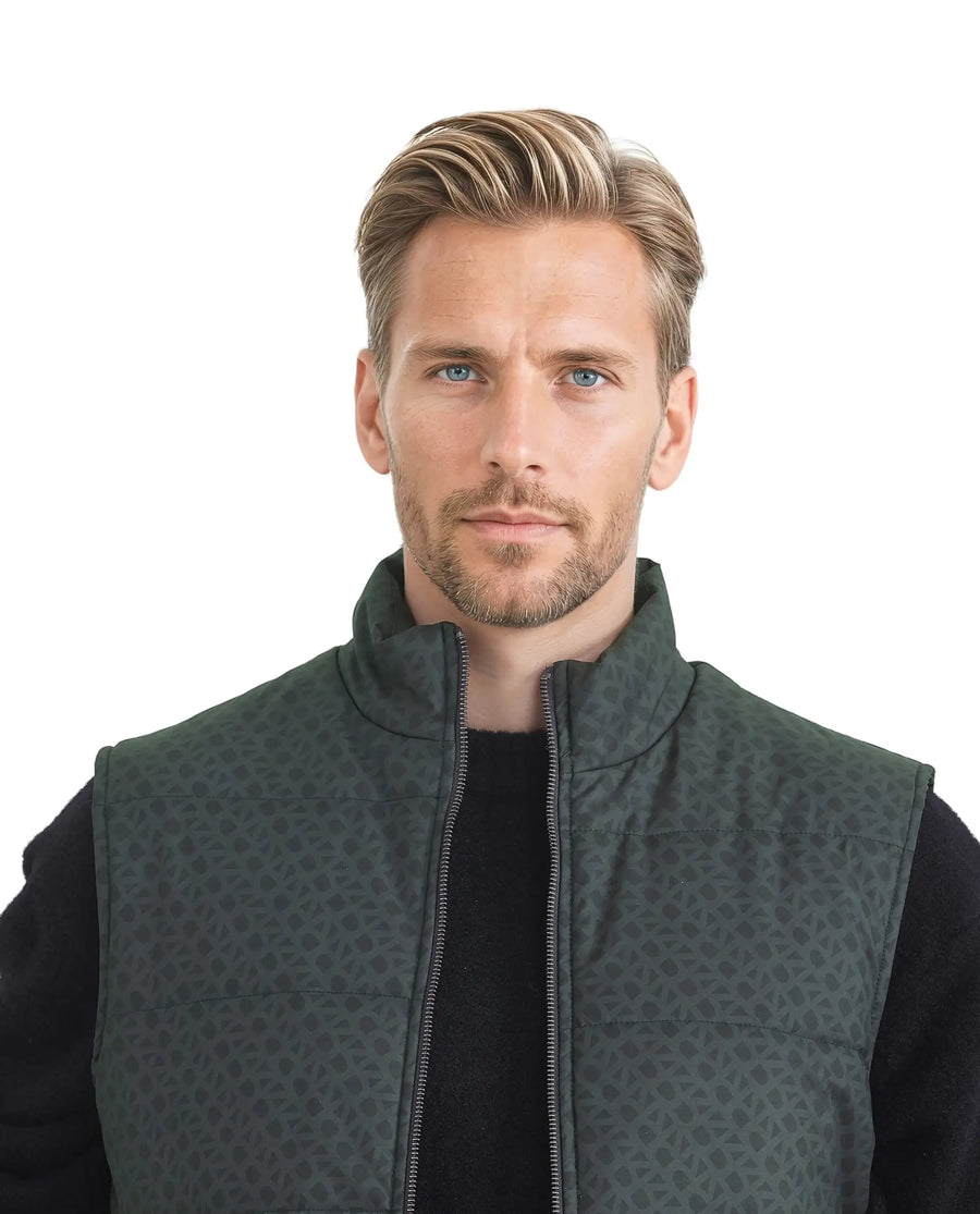 Rare Rabbit Men's Darif Petrol Polyester Monogram Print Regular Fit Sleeveless High Neck Jacket
