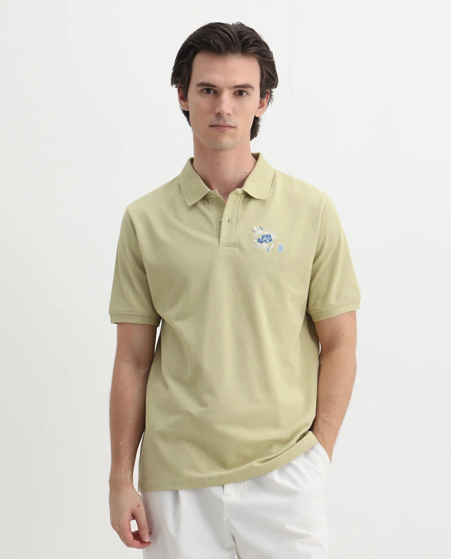 Rare Rabbit Men's Dariol Light Green Cotton Embroidered Regular Fit Half Sleeve Polo