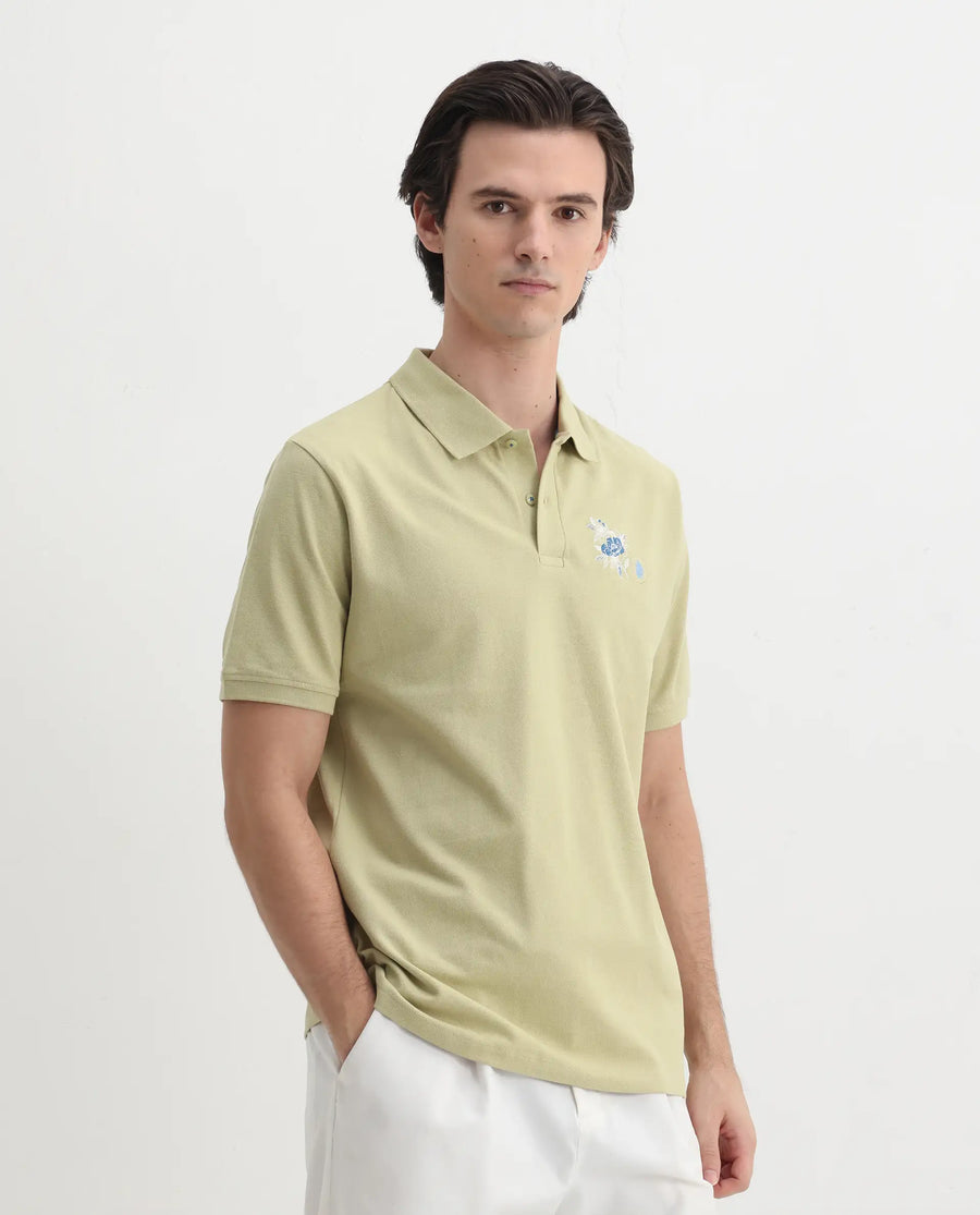 Rare Rabbit Men's Dariol Light Green Cotton Embroidered Regular Fit Half Sleeve Polo