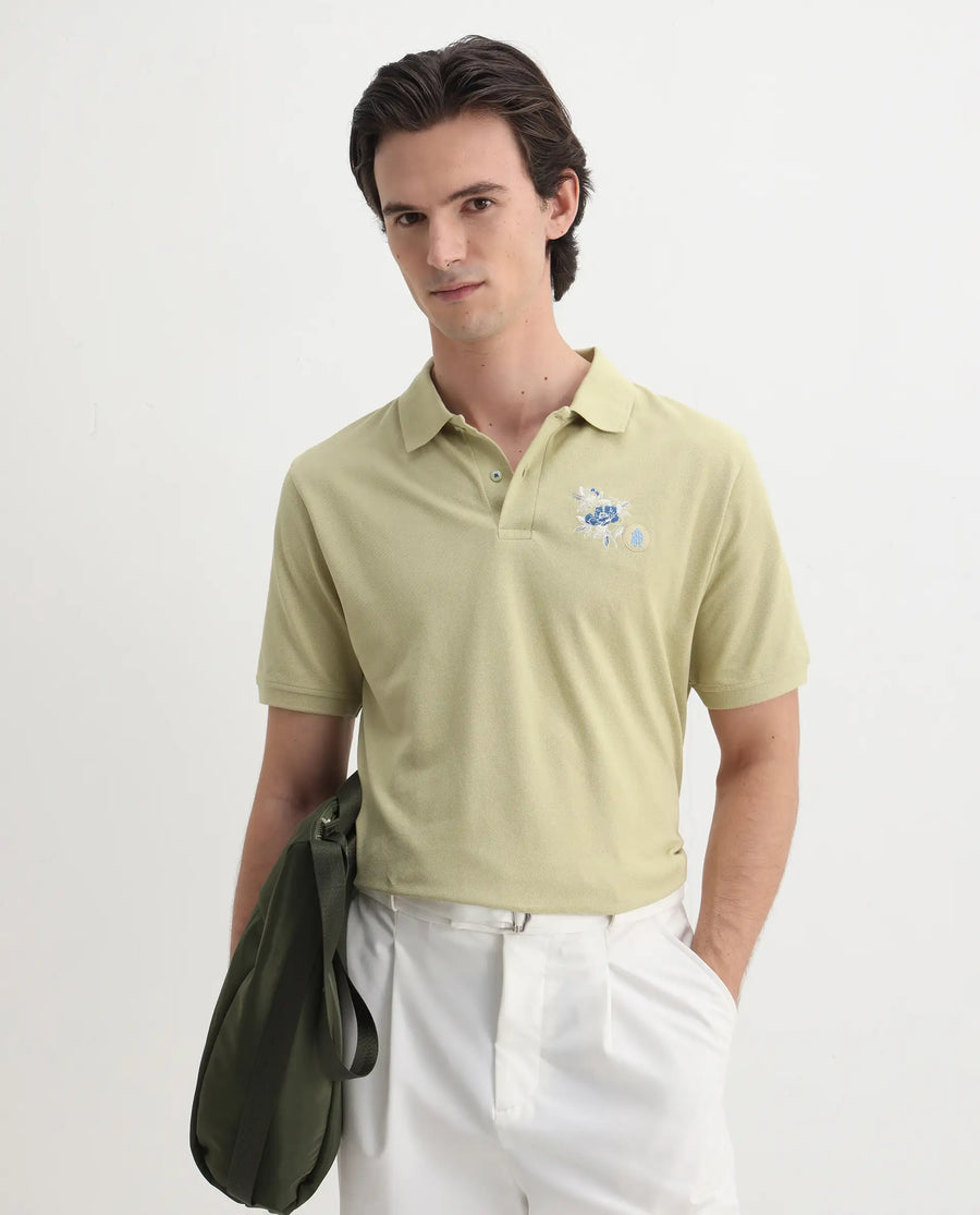 Rare Rabbit Men's Dariol Light Green Cotton Embroidered Regular Fit Half Sleeve Polo