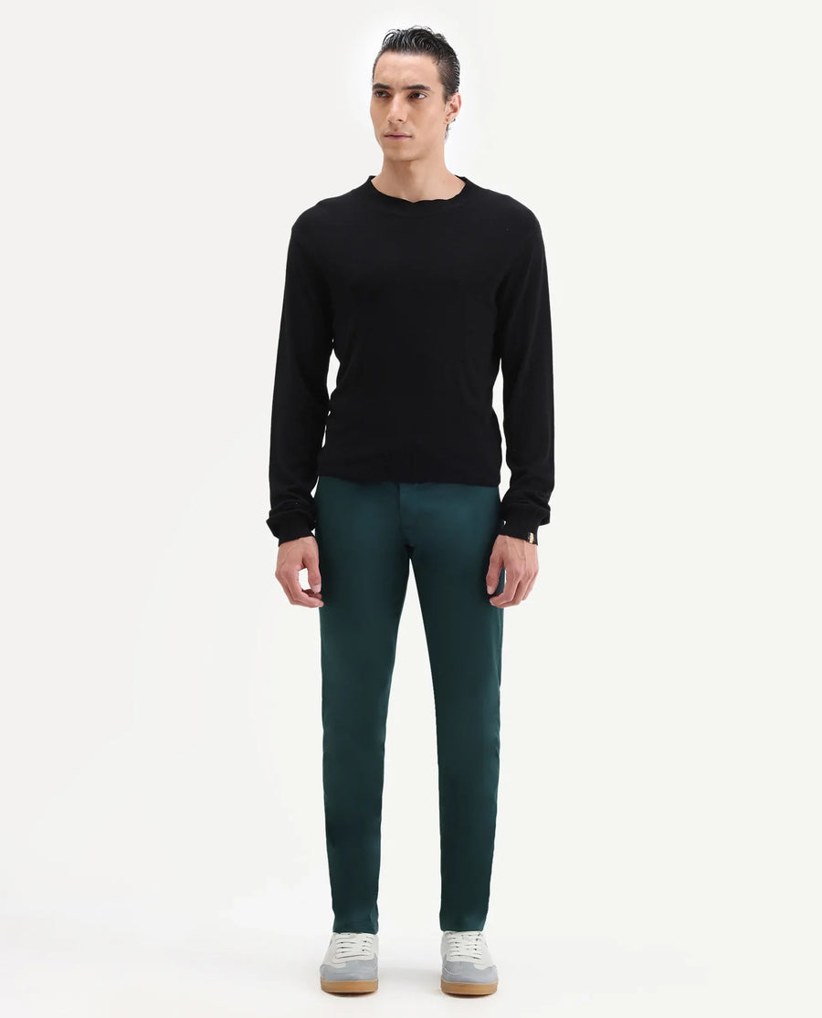 Rare Rabbit Men's Daron Petrol Cotton Plain Regular Fit Trouser