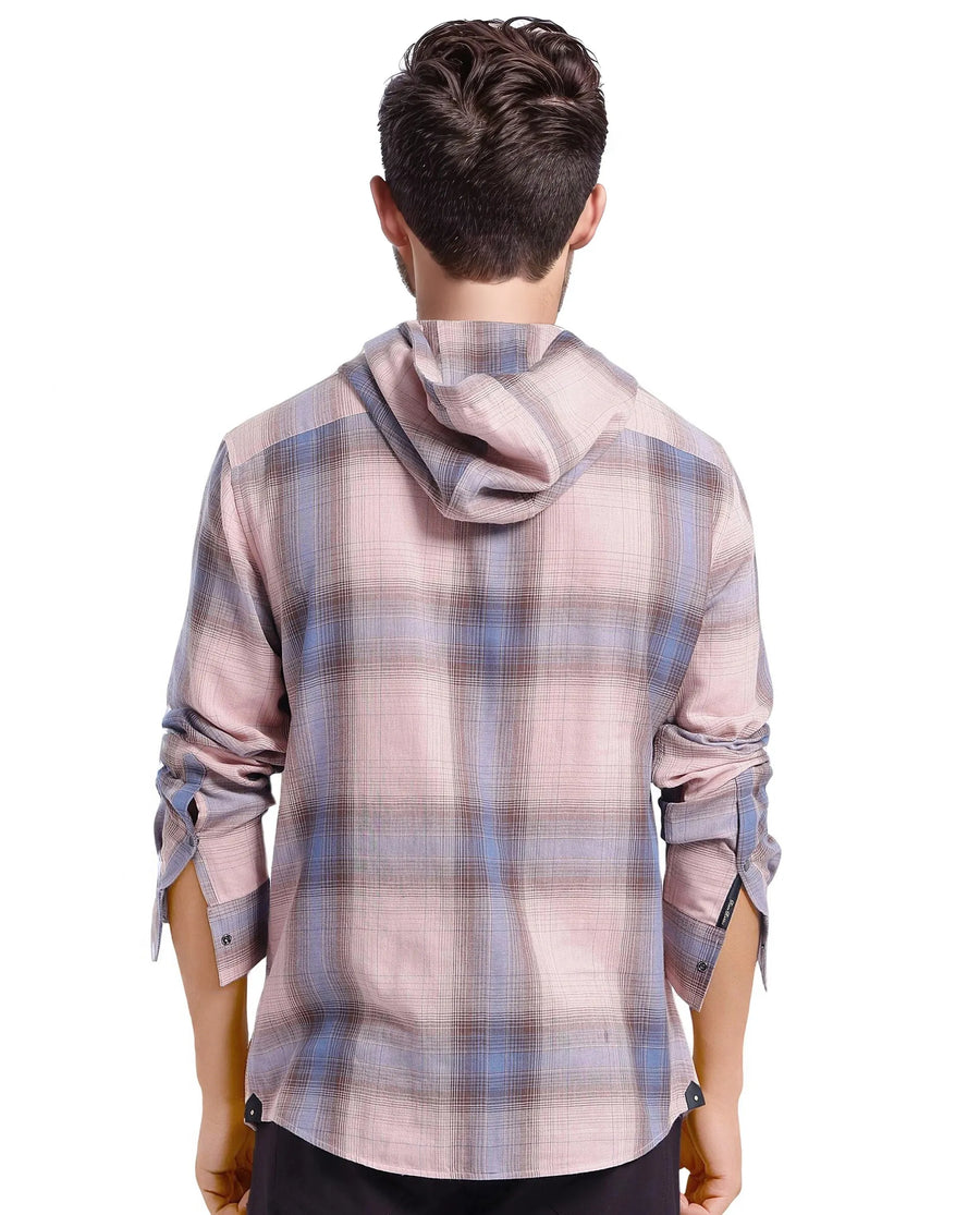 Rare Rabbit Men's Dartmouth Dusky Pink Checked Print Oversized Fit Full Sleeve Hooded Shirt