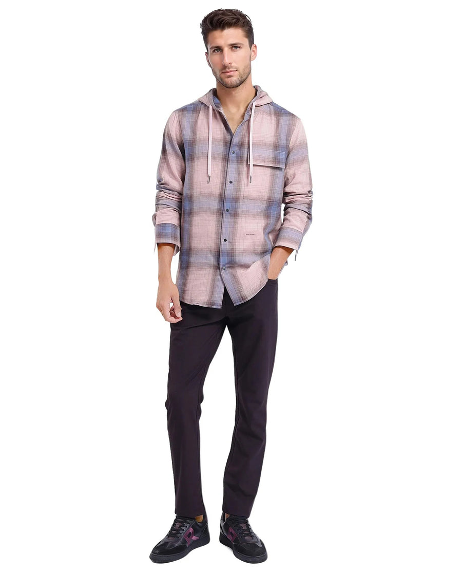Rare Rabbit Men's Dartmouth Dusky Pink Checked Print Oversized Fit Full Sleeve Hooded Shirt