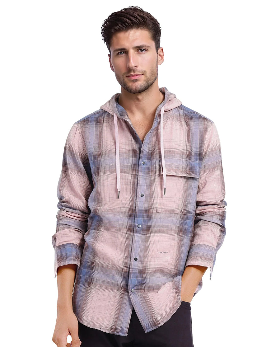Rare Rabbit Men's Dartmouth Dusky Pink Checked Print Oversized Fit Full Sleeve Hooded Shirt