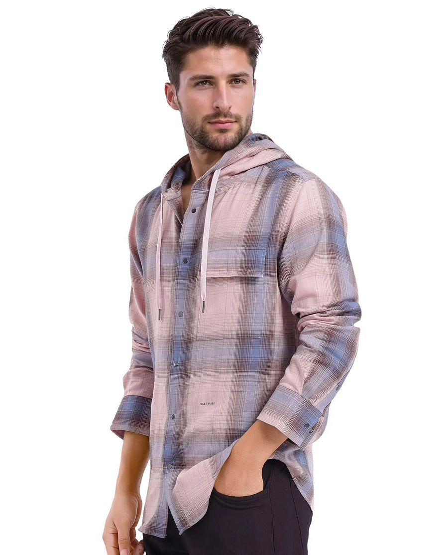 Rare Rabbit Men's Dartmouth Dusky Pink Checked Print Oversized Fit Full Sleeve Hooded Shirt