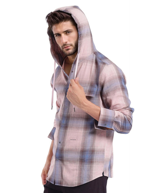 Rare Rabbit Men's Dartmouth Dusky Pink Checked Print Oversized Fit Full Sleeve Hooded Shirt