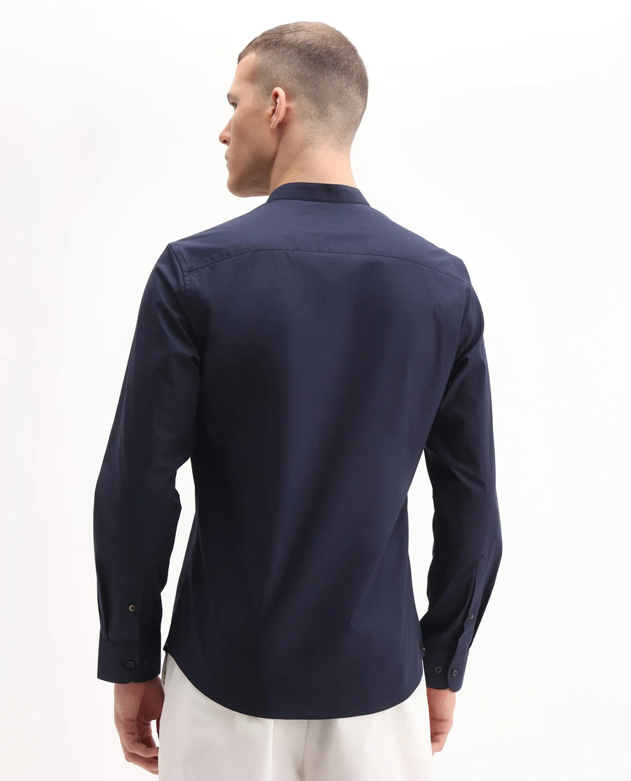 Rare Rabbit Men's Dati Navy Polyester Blend Plain Regular Fit Full Sleeve Mandarin Collar Shirt
