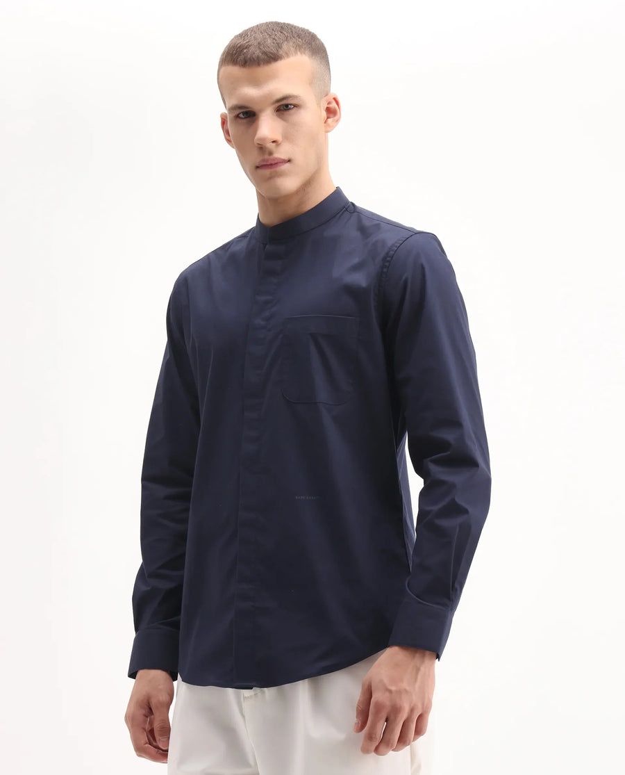 Rare Rabbit Men's Dati Navy Polyester Blend Plain Regular Fit Full Sleeve Mandarin Collar Shirt