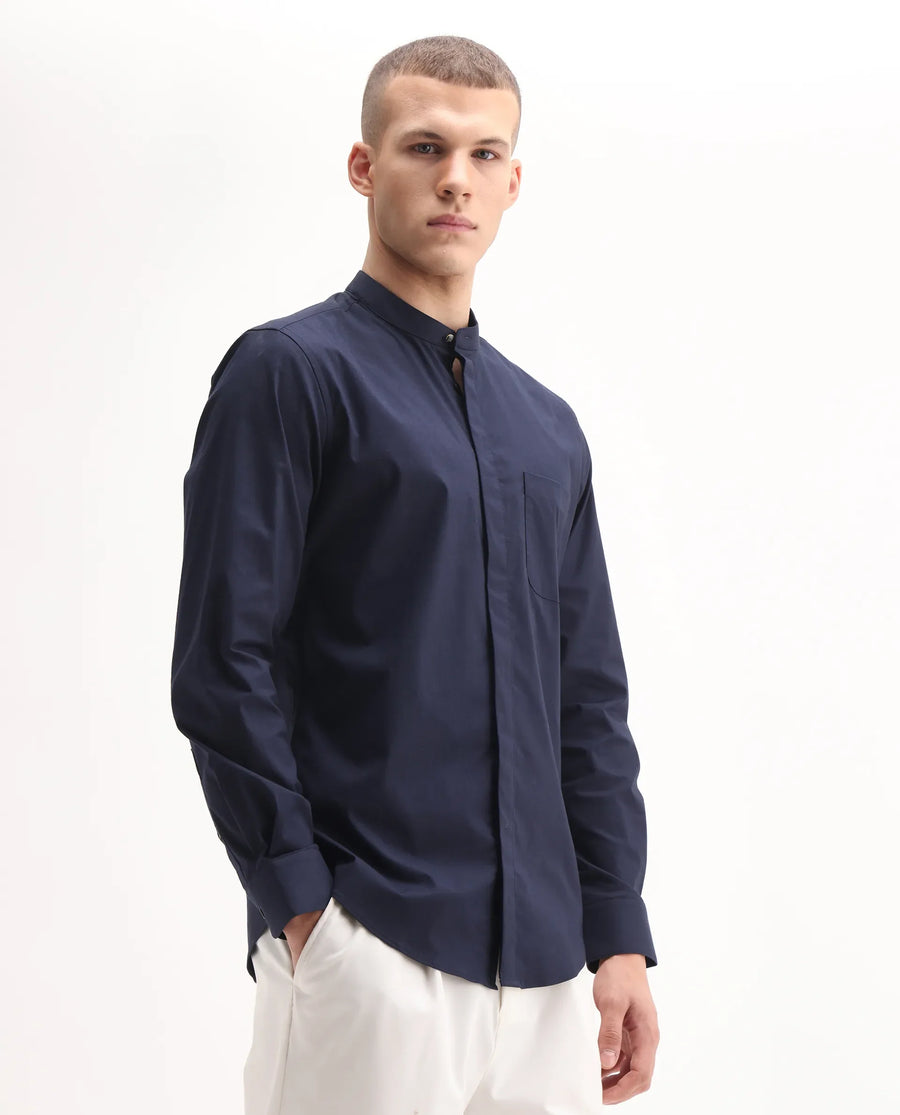 Rare Rabbit Men's Dati Navy Polyester Blend Plain Regular Fit Full Sleeve Mandarin Collar Shirt